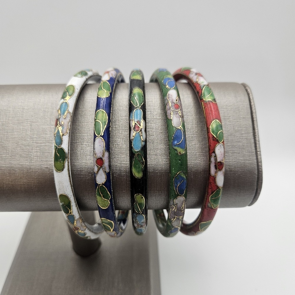 Vtg Hand-Painted 8" Bangle Bracelet Set Of 5: White, Green, Blue, Red & Black